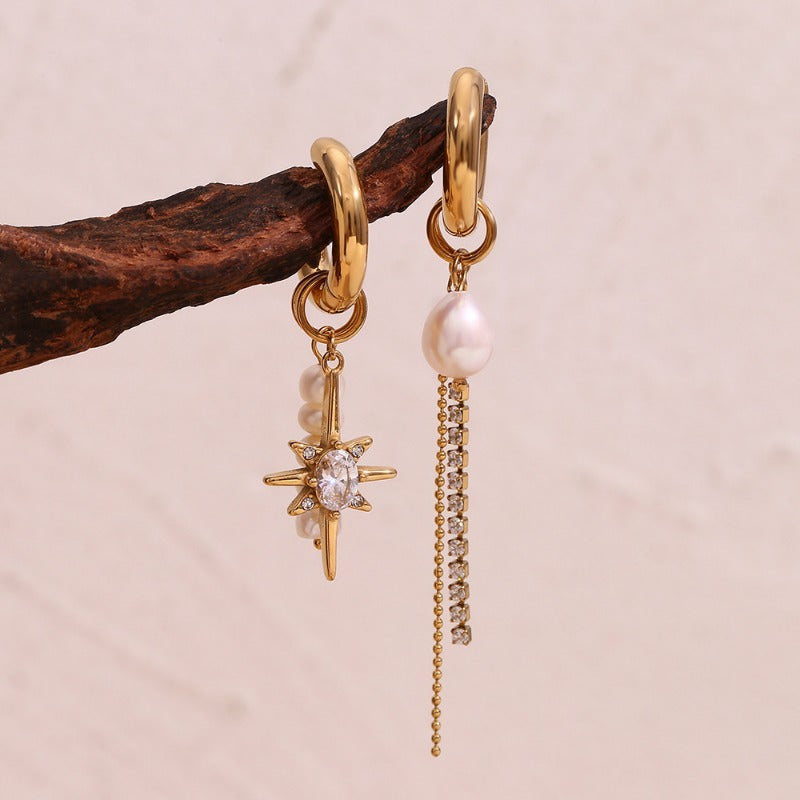 Wholesale Asymmetrical Freshwater Pearl Zircon Eight-pointed Star Chain Stainless Steel Temperament Personality Creative Earrings